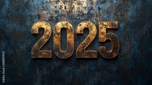 Fototapeta 2025 golden numbers on rustic blue wall, vintage texture, elegant new year representation, warm tones, artistic celebration of future