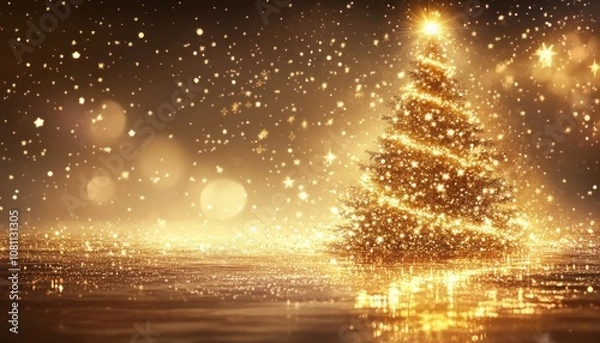 Fototapeta A golden Christmas tree with twinkling lights and stars stands on a shimmering surface, creating a magical and festive atmosphere.