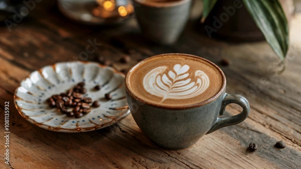 Fototapeta Artisan Latte with Leaf Latte Art in Rustic Ceramic Cup and Coffee Bean Plate