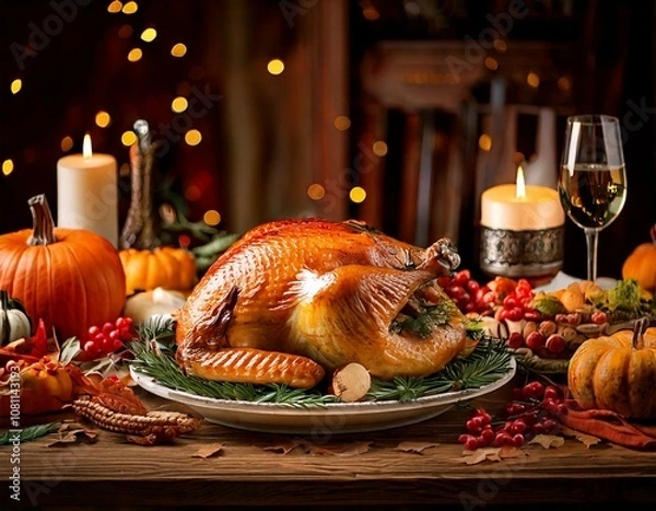 Obraz Dinde rôtie sur une table de fête - Noël, Thanksgiving
