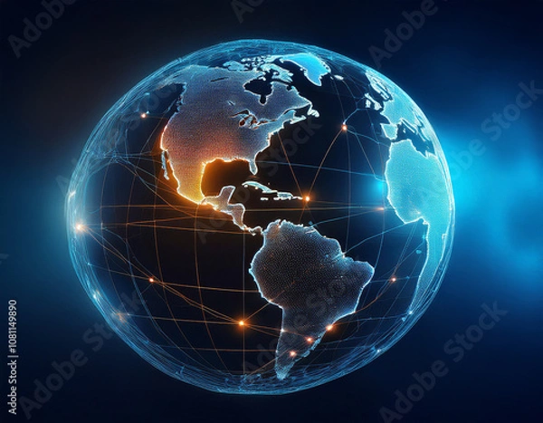 Obraz Digital world globe rotating with north america highlighted and connected by orange lines, representing global communication and networking