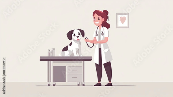 Fototapeta A veterinarian examines a cheerful dog in a bright clinic during a routine checkup