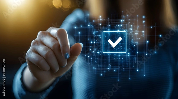 Obraz Woman's Hand Selecting a Digital Check Mark on a Futuristic Interface, checkbox, selection, choice, decision, approval