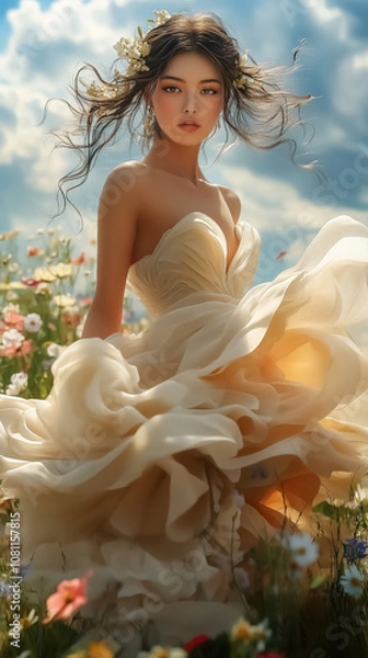 Obraz Elegant model in a flowy dress surrounded by a field of flowers, perfect for wall art, bridal fashion, or romantic themed decorations.