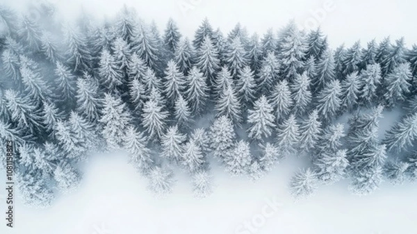 Obraz Cold white winter landscape from above with snowy trees gradient. Aerial view, snow-covered forest, winter landscape, pine trees, misty atmosphere, ethereal, white and blue tones.