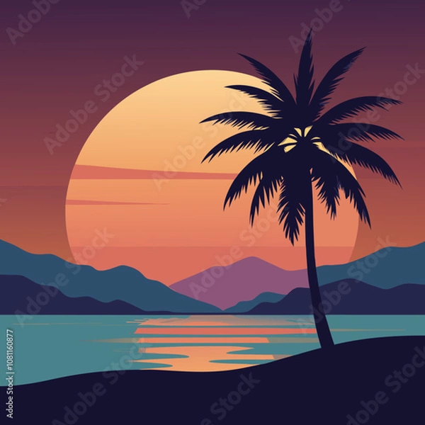 Fototapeta palm tree and sunset vector flat art