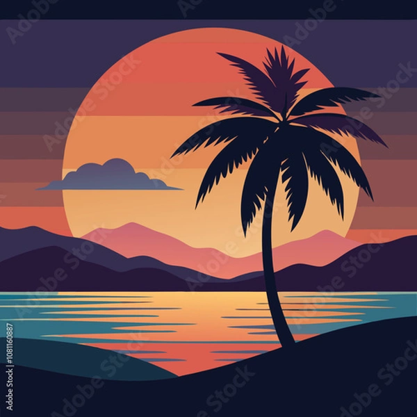 Obraz palm tree and sunset vector flat art