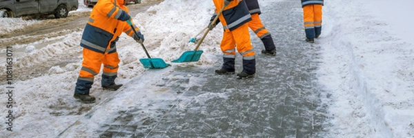 Fototapeta A group of workers in orange and black coats are shoveling snow from a sidewalk