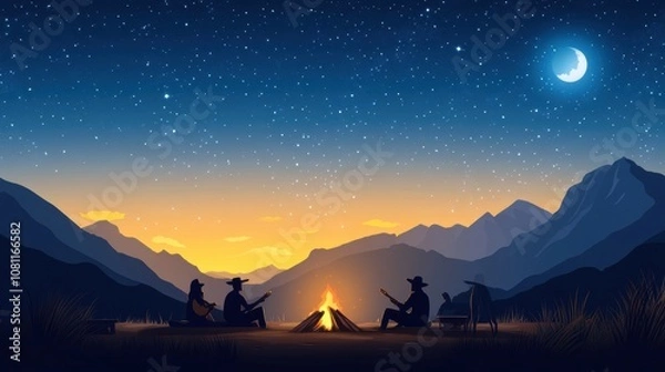 Obraz Silhouetted figures enjoy music around a campfire under a starry night sky, AI