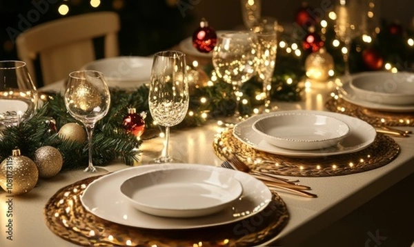 Fototapeta Festive Holiday Table Setting with String Lights and Christmas Ornaments