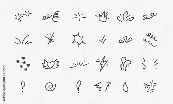 Fototapeta Doodle elements for holiday. Hand drawn firework, cartoon fun signs. Vector illustration on white background