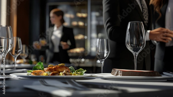 Fototapeta A sophisticated table setting with plates of fresh, gourmet food, surrounded by well-dressed business people engaged in conversation.