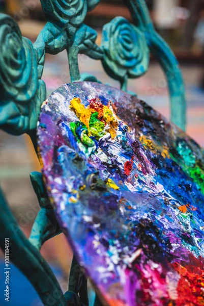 Obraz Closeup of messy, colorful artist's palette resting on turquoise chair