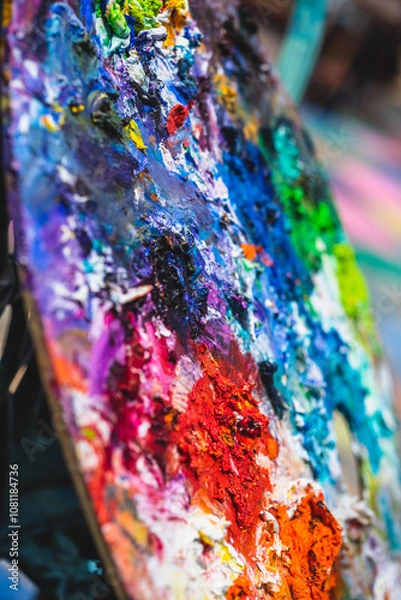 Obraz Closeup of messy, colorful artist's paint palette with a lot of paint on it