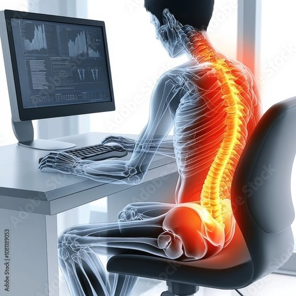 Obraz Anatomical illustration of a person with poor posture, highlighting compression in the lumbar spine