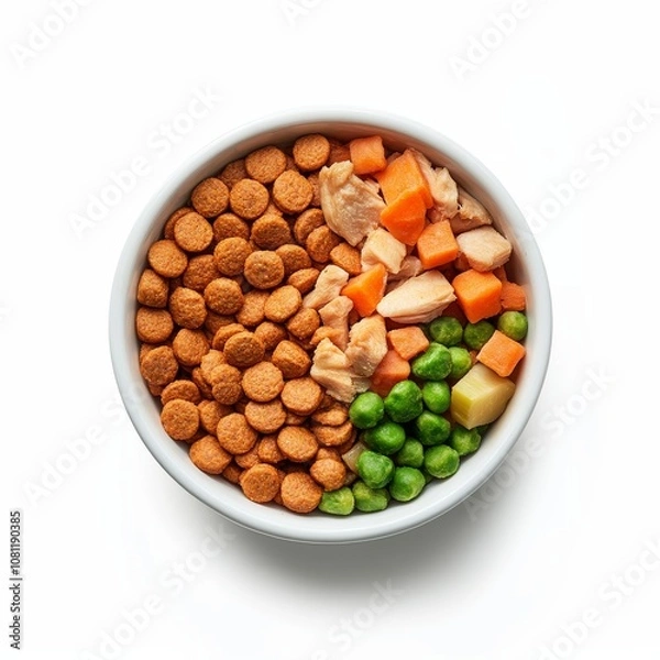 Obraz A bowl of dog food seen from above, half kibble, half meat and vegetables