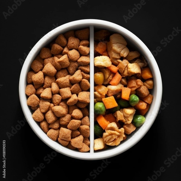 Obraz A bowl of dog food seen from above, half kibble, half meat and vegetables