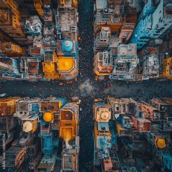Obraz Arial or wide-angle shot of a bustling Indian city, dynamic scene