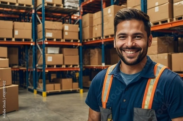 Fototapeta Confident young man in a warehouse setting, wearing a safety vest. Captures the essence of professionalism in logistics and storage.