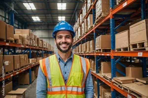 Obraz Happy warehouse worker in an orange vest, standing confidently in a well-lit storehouse. Perfect image for warehouse and storage facility themes.