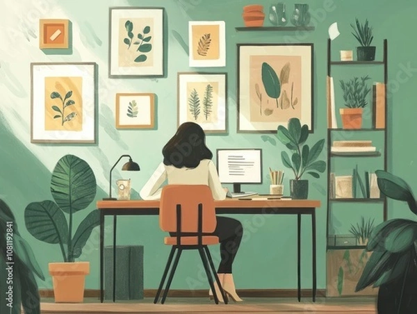 Fototapeta Flat illustration of an office worker sitting at her desk, surrounded by framed art on the wall and potted plants on shelves Generative AI