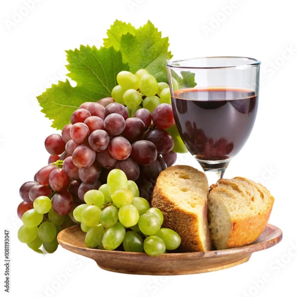 Fototapeta Vintage dishes with grape apple and wine in the glass