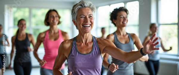 Obraz A cheerful senior woman leads a vibrant group fitness class. She inspires with energy and positivity, showcasing active living and healthy aging. Perfect representation of community and wellness.

