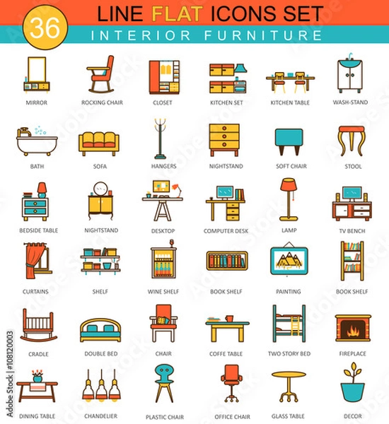 Fototapeta Vector furniture flat line icon set. Modern elegant style design  for web.