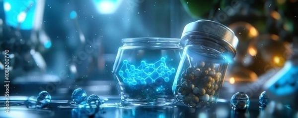 Fototapeta Futuristic drug discovery pipeline with molecular structures in jars, showcasing advanced scientific research and innovation