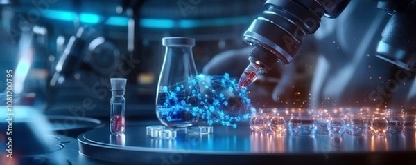 Fototapeta futuristic drug discovery pipeline visual featuring microscope, laboratory glassware, and molecular structures. scene conveys innovation and scientific advancement