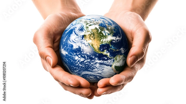 Obraz Two hands holding the planet Earth, isolated against a white background