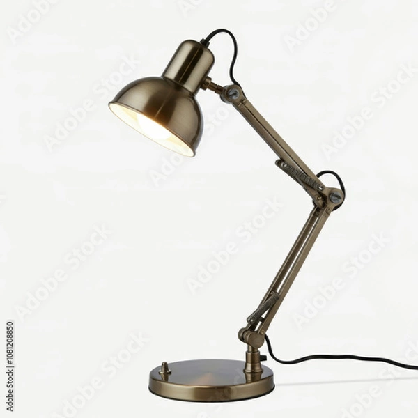 Fototapeta Vintage brass desk lamp with adjustable arm and illuminated bulb on a white background