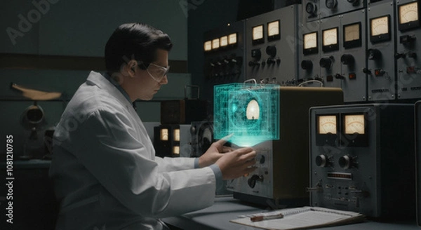 Fototapeta Scientist analyzing holographic data in retro laboratory with advanced technology