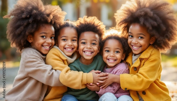 Fototapeta A diverse group of children playing together, promoting inclusivity, friendship, and unity, captured in a candid, highly realistic light