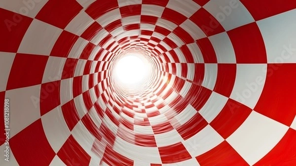 Obraz Vibrant red and white checked tunnel with bright light at the end.