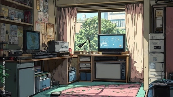 Fototapeta Cozy cluttered room with a window view, featuring vintage electronics and greenery outside.