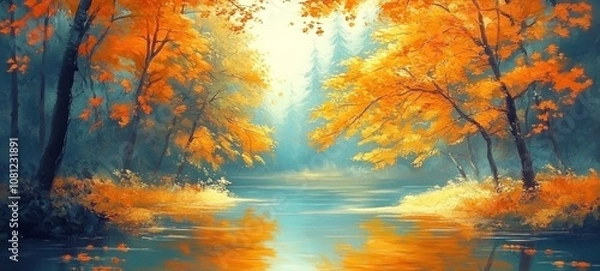 Fototapeta Autumnal River Reflections: A Serene Forest Landscape