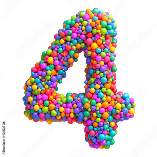 Obraz Number 4 made of bright multi-colored glossy balls. Digit four. Ideal for kid's zone, playroom decor, children’s design, festive themes. Rainbow mixed random spheres formed creative font. 3d rendering