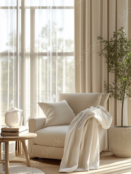 Fototapeta A minimalist and stylish living room corner, with a focus on comfort and functionality.