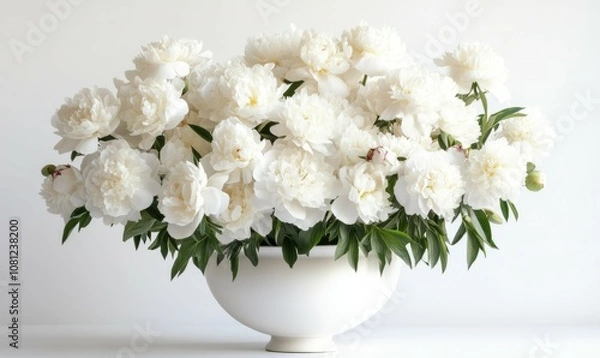 Fototapeta White vase filled with lots of white flowers. Photo of white Peonies in white vase on white background. Space for text