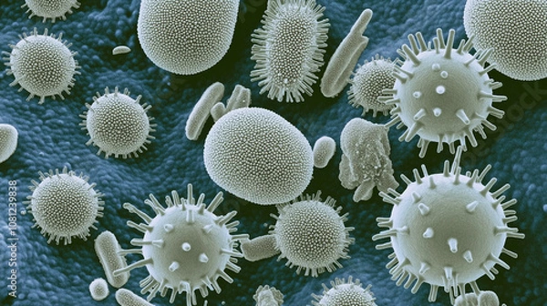 Obraz Microscopic Close-up of Various Bacteria Shapes on a Colorful Background