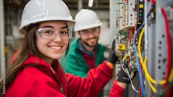 Fototapeta Young electrician students smiling while doing work practices, concept of vocational training