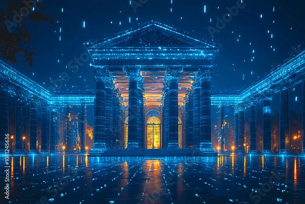 Fototapeta Futuristic digital temple illuminated with blue lights and rain in a cyber-inspired scene.
