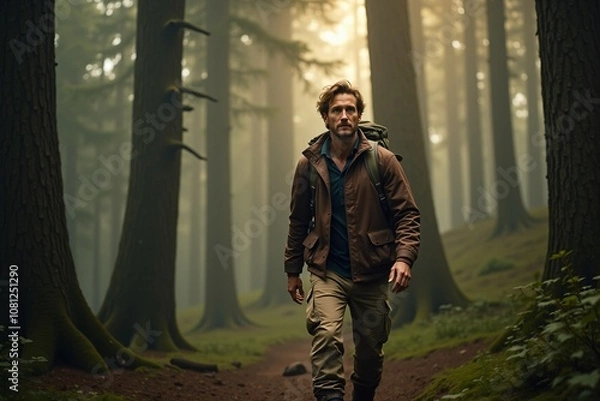 Fototapeta Man hiking alone in misty forest surrounded by tall trees
