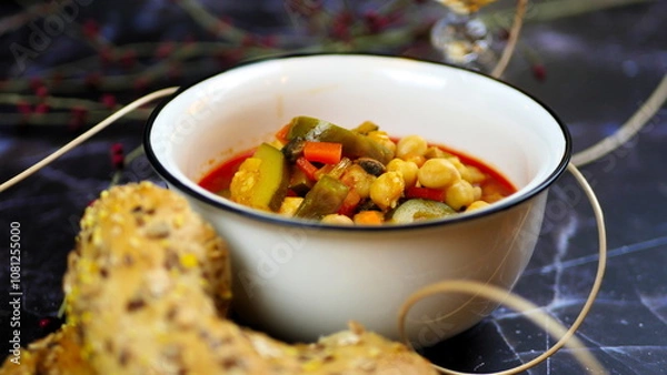 Fototapeta Dish with chickpeas, peppers, carrots and other vegetables with a whole grain roll and a glass of wine
