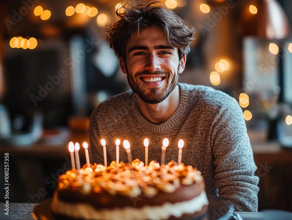 Obraz Man Enjoying Birthday Party in Minimalist Setting