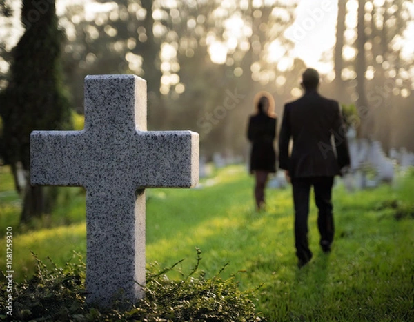 Obraz Ein Paar entfernt sich vom kleinen Kreuz am Friedhof in tiefer Trauer. Das Paar bleibt voneinander auf Distanz.