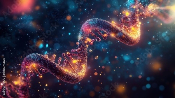 Fototapeta A glowing, abstract representation of a DNA strand against a dark, blue and orange background.