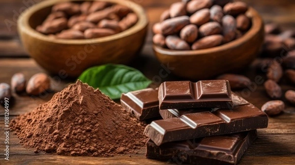 Obraz cacao powder and chocolate bar on wooden table