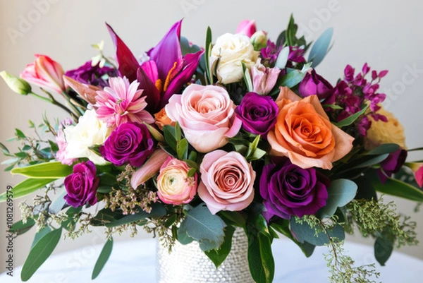 Fototapeta This elegant bouquet features a beautiful combination of pastel and vivid roses, contrasted by lush green foliage, creating an eye-catching floral centerpiece.